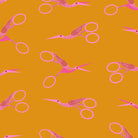Pattern of pink scissors on a yellow background