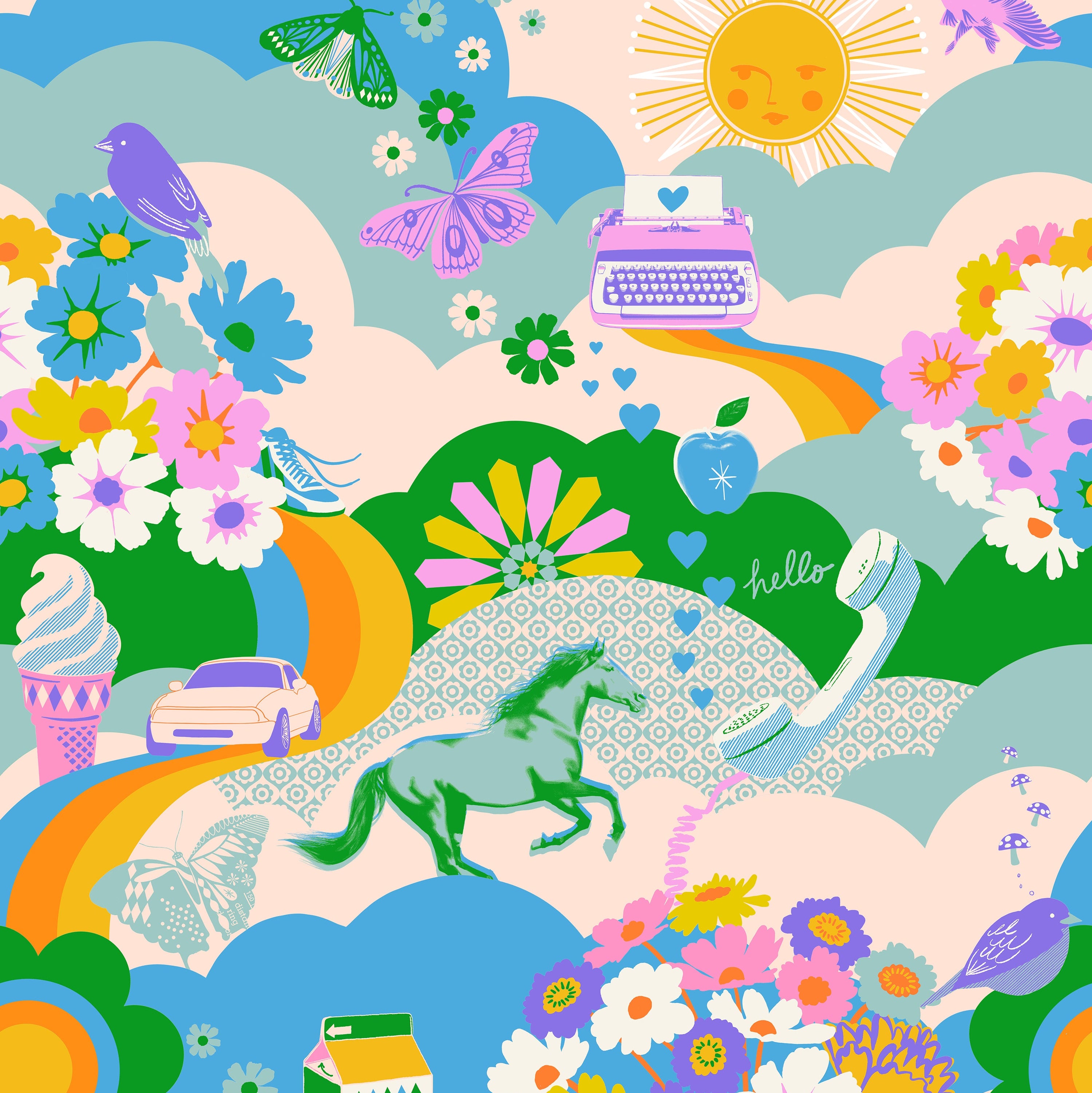 Colorful illustration of a whimsical landscape with flowers, animals, and abstract elements.
