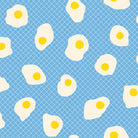Pattern of fried eggs on a blue background with a checkered border