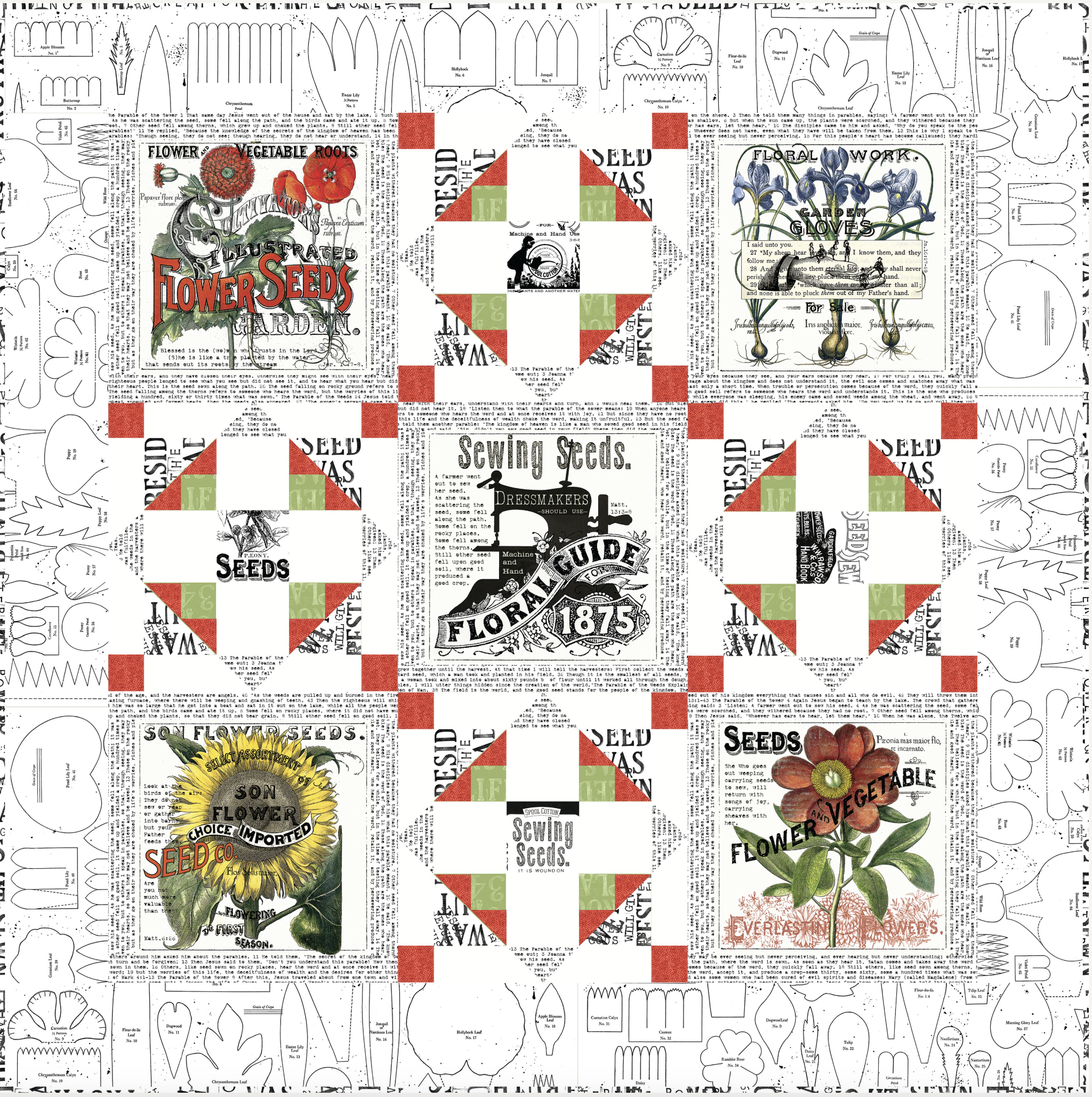 A paper quilt pattern titled 'Seed Patch' by J. Wecker Frisch, featuring a variety of quilted patches with floral and garden-themed designs, and text elements related to seeds and gardening.