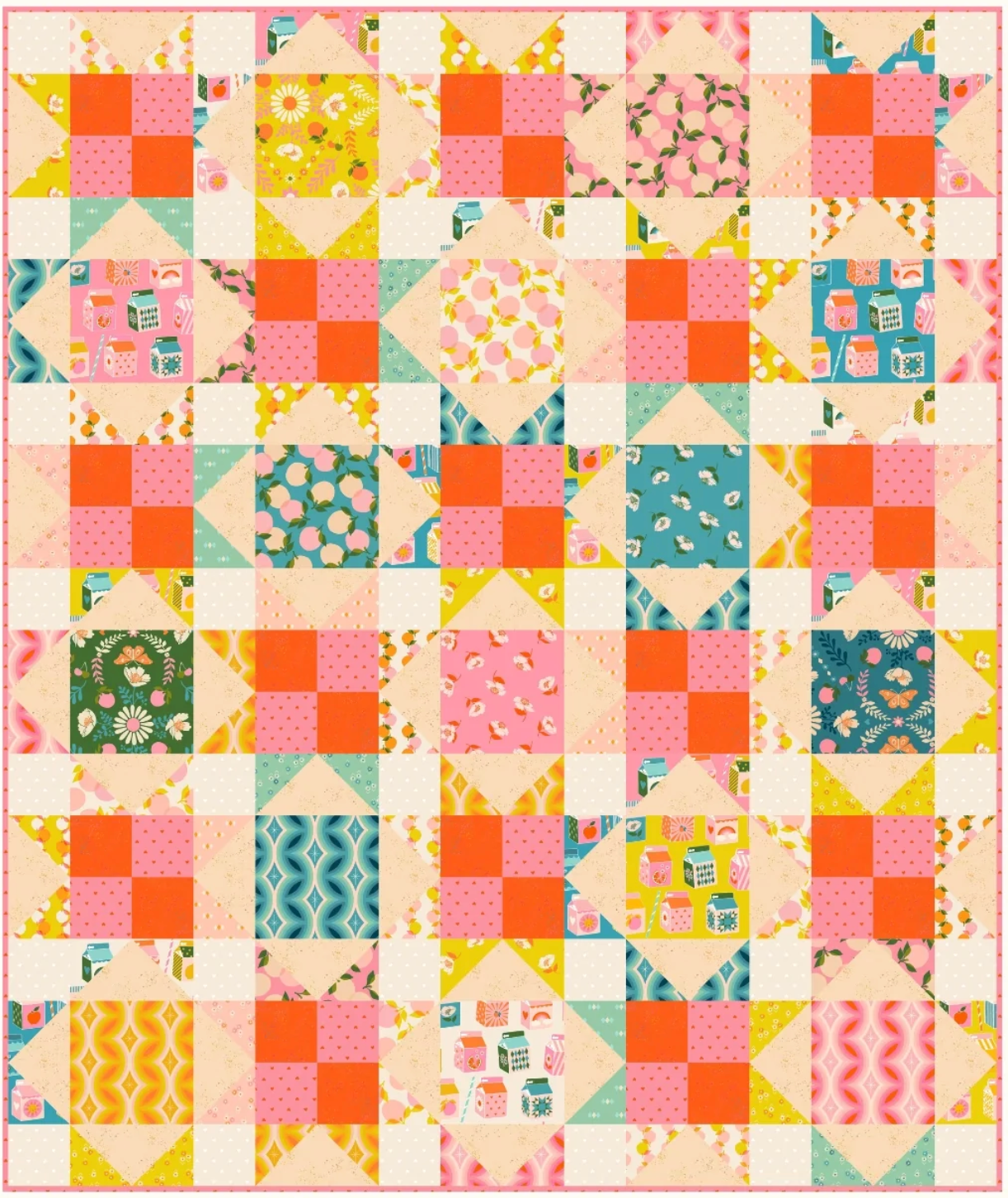 Patchwork quilt with colorful square patterns on a white background