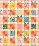 Patchwork quilt with colorful square patterns on a white background