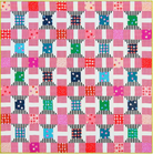 A colorful patchwork quilt featuring a repeating block pattern with pink, red, blue, green, and black-and-white striped fabrics on a white background.